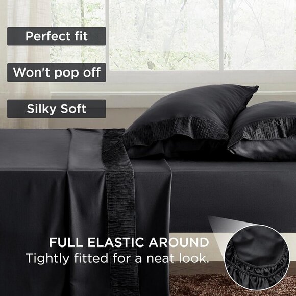 🆕 4 Pieces Black Luxury California King Polyester Microfiber Cooling Bed Sheet - Picture 6 of 7